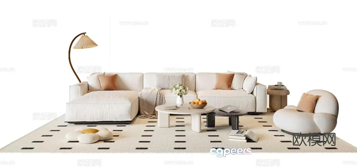 Modern cream style sofa coffee table combination fabric sofa corner sofa casual sofa floor lamp 3d model