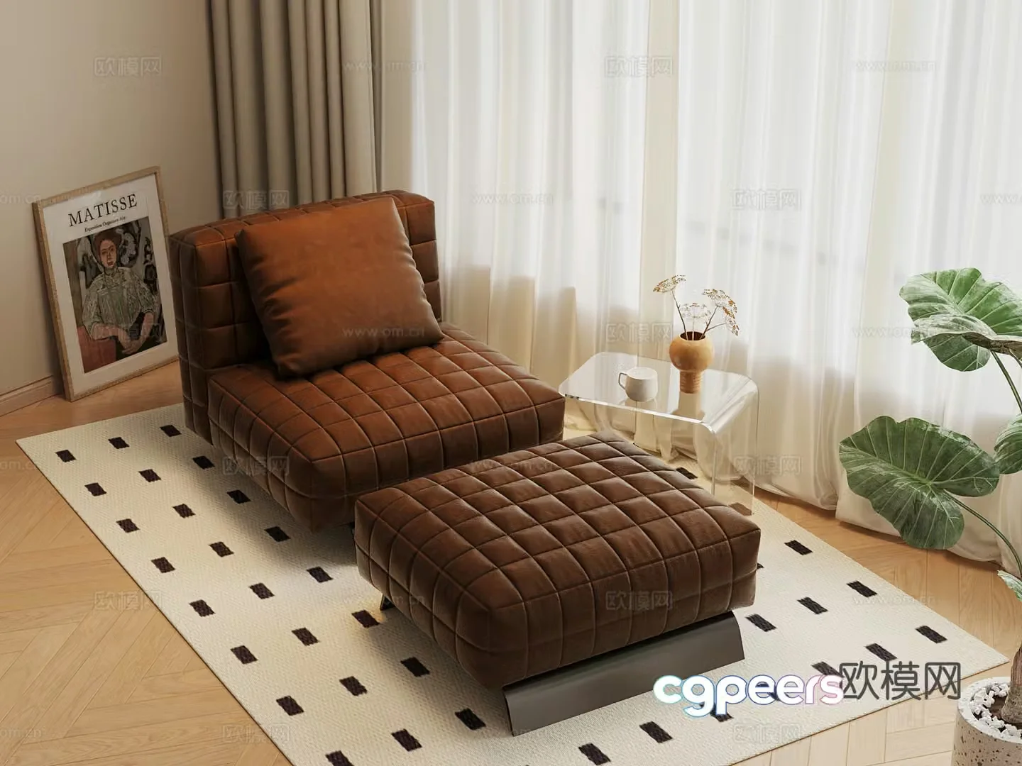 Leather lounge chair casual sofa floor lamp 3d model