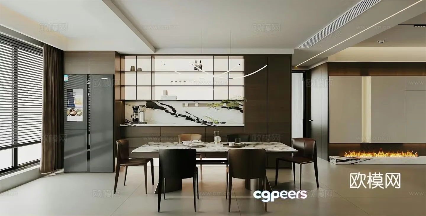 Modern light luxury home restaurant Open restaurant Long table restaurant Light luxury sideboard sideboard 3D model