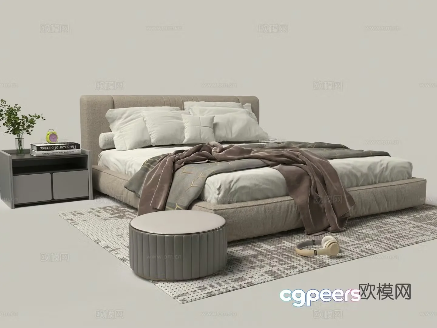 Modern fabric double bed nightstand combination 3D model