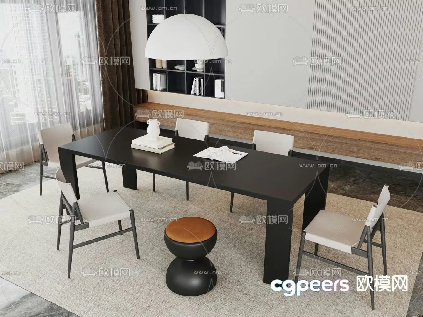 Long dining table and chairs 3d model