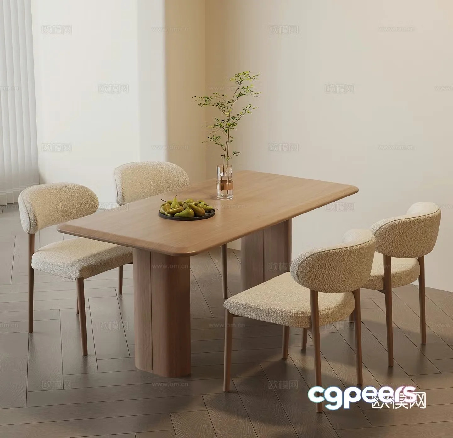 Modern cream style dining table and chair 3d model