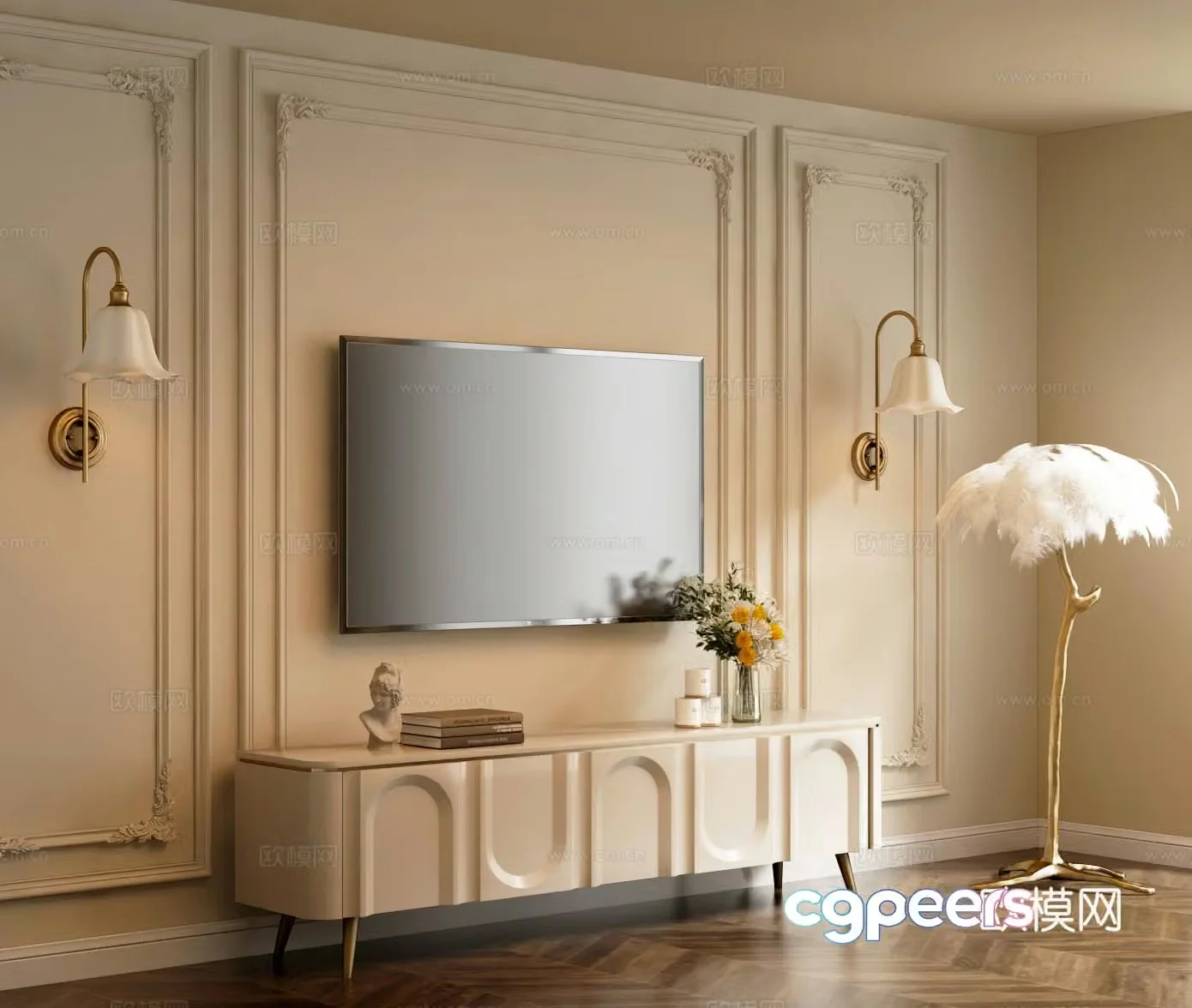 French TV background wall TV cabinet floor lamp 3d model