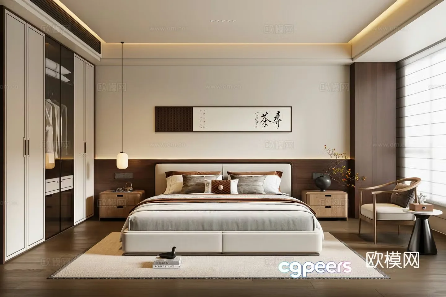 New Chinese style bedroom fabric double bed bedside table chandeliers leisure chair painting wardrobe 3d model