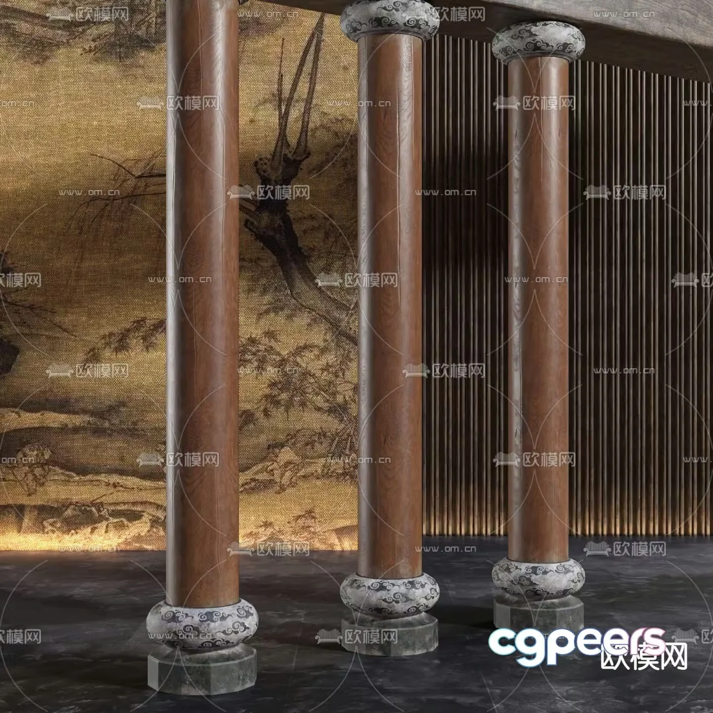 Chinese column cylinder carved stone column 3D model