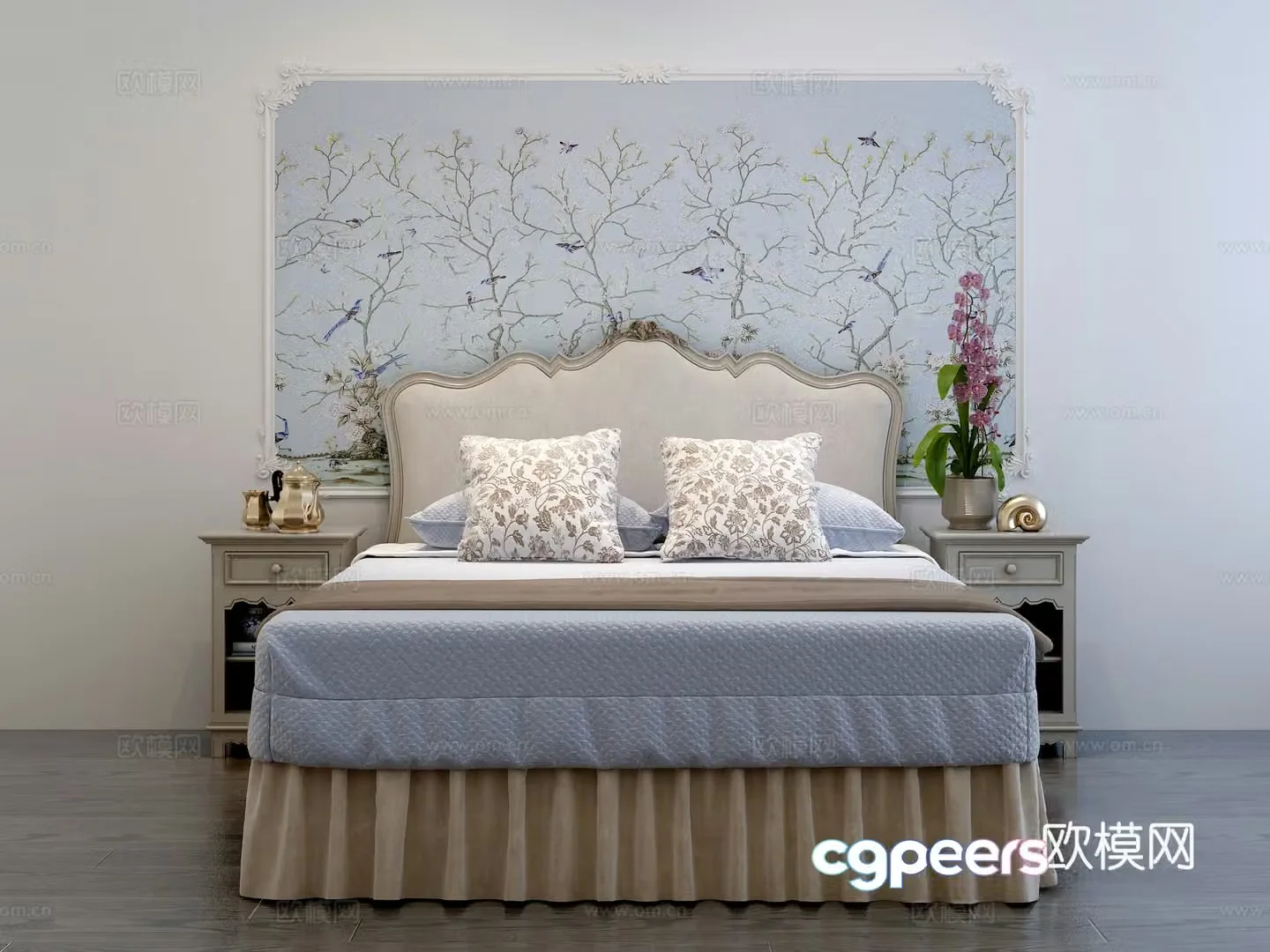 Simple European double bed nightstand 3D model