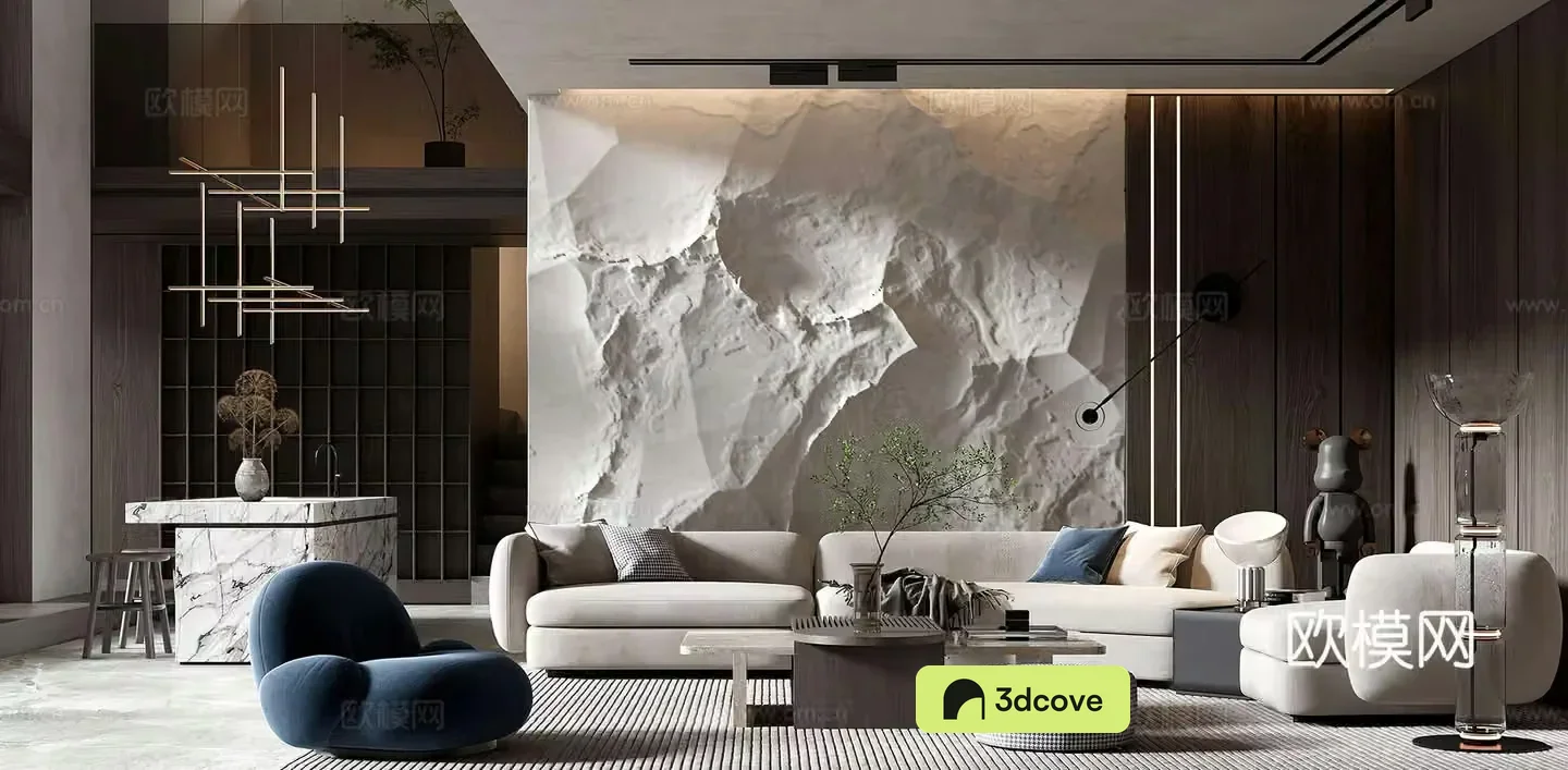 Modern living and dining room combination sofa dining table bar island Italian living room simple black and white