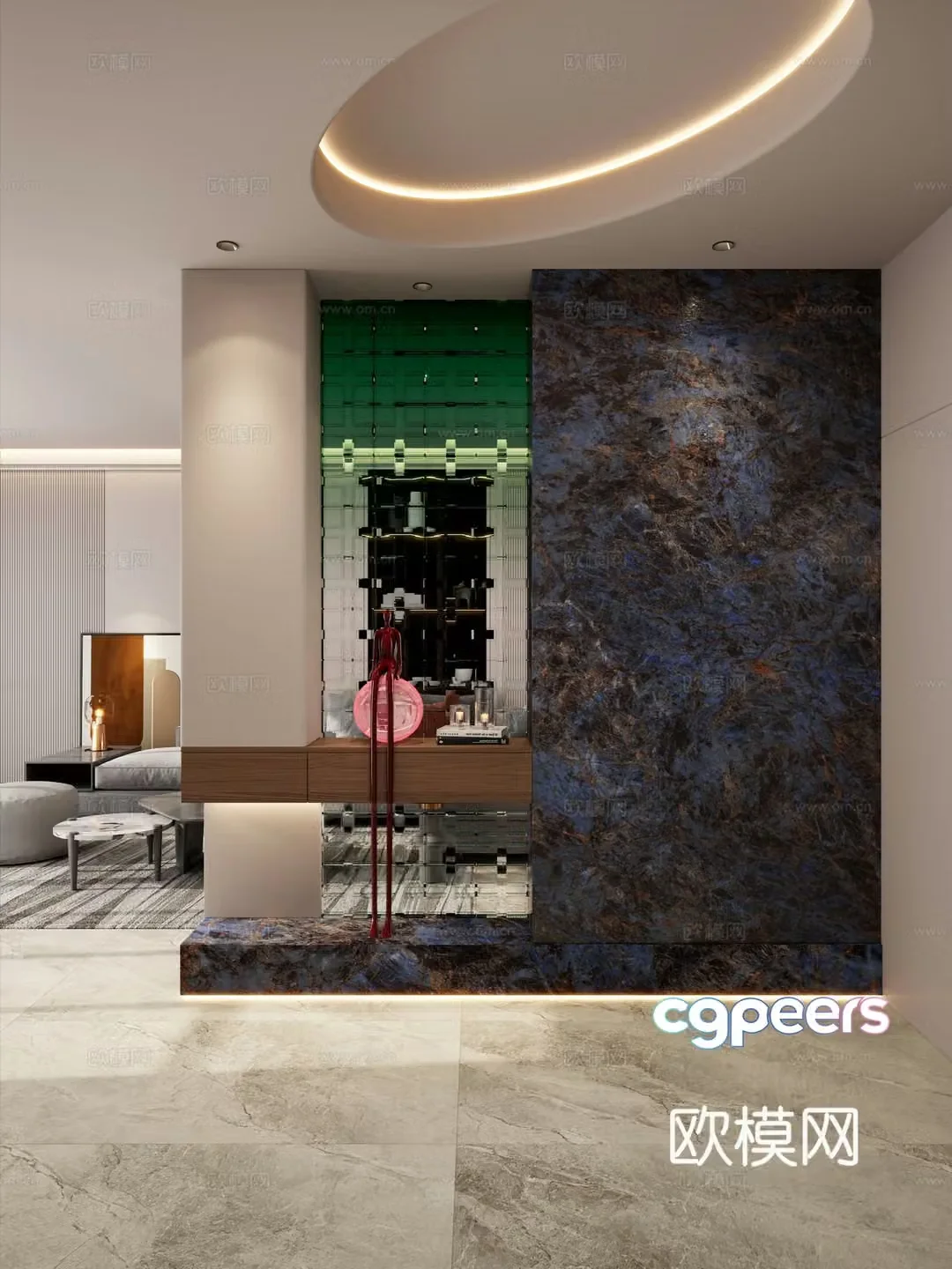 Italian style light luxury style oval luxury stone gradient glass door partition entrance door 3D model