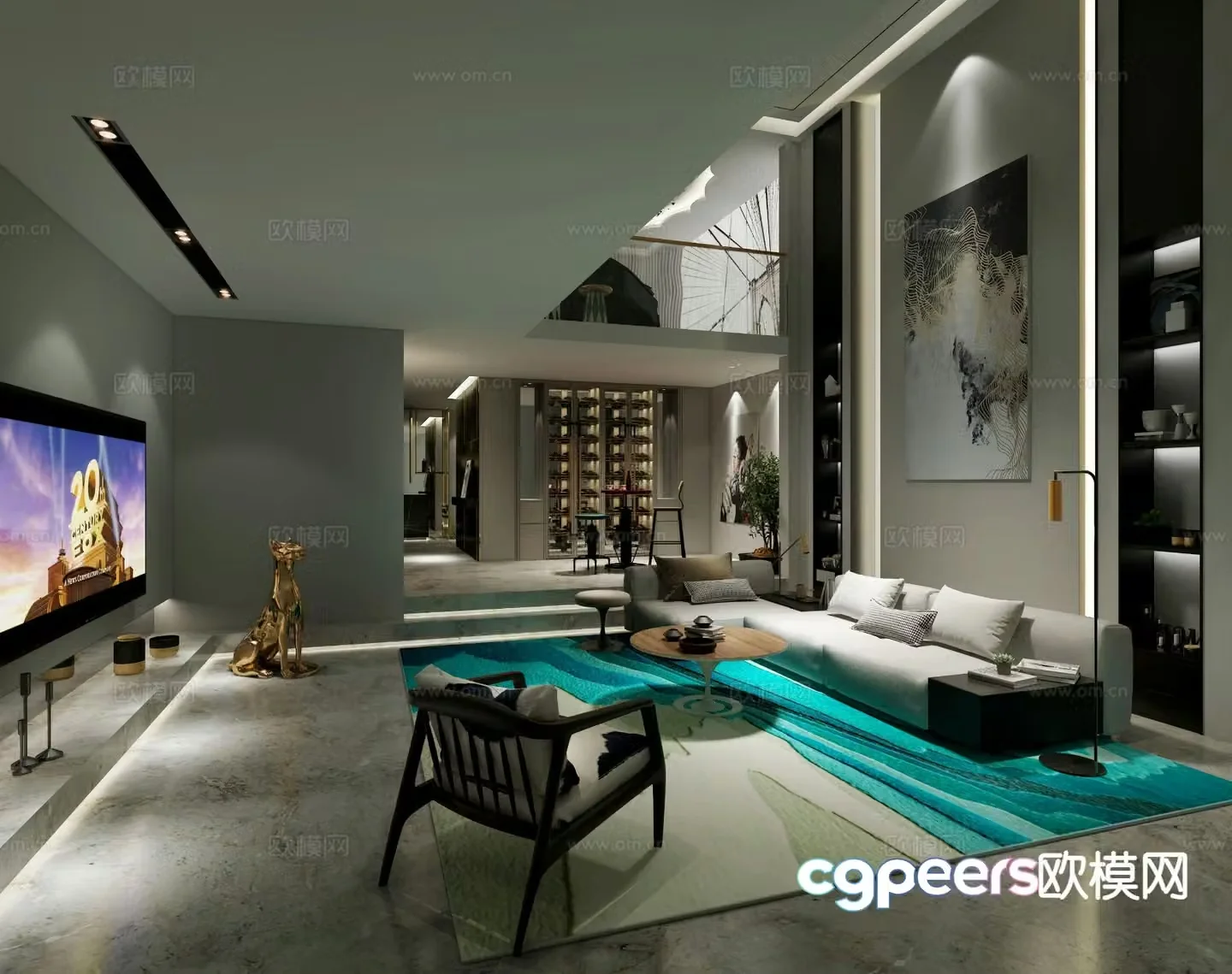 Modern villa basement living room 3D model