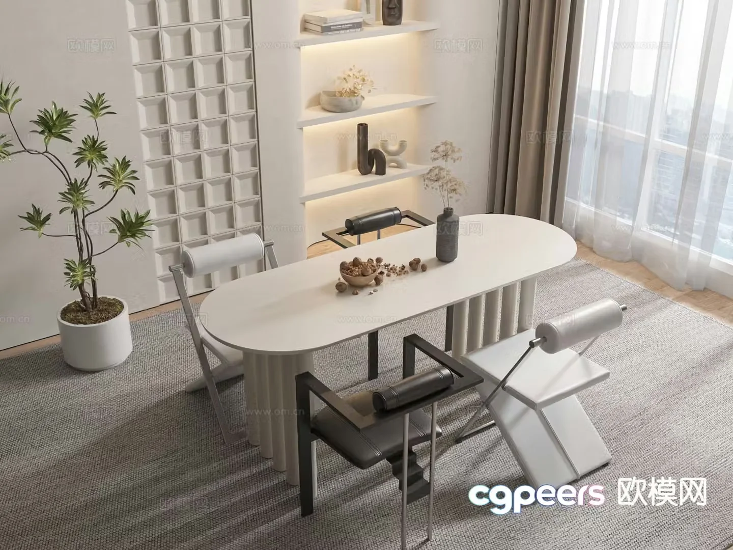 Cream style dining table and chairs oval dining table 3d model