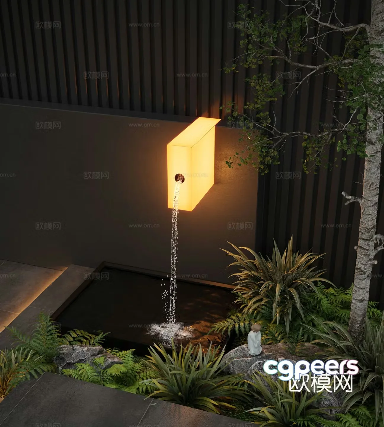 Modern water landscape flowing water pool 3d model