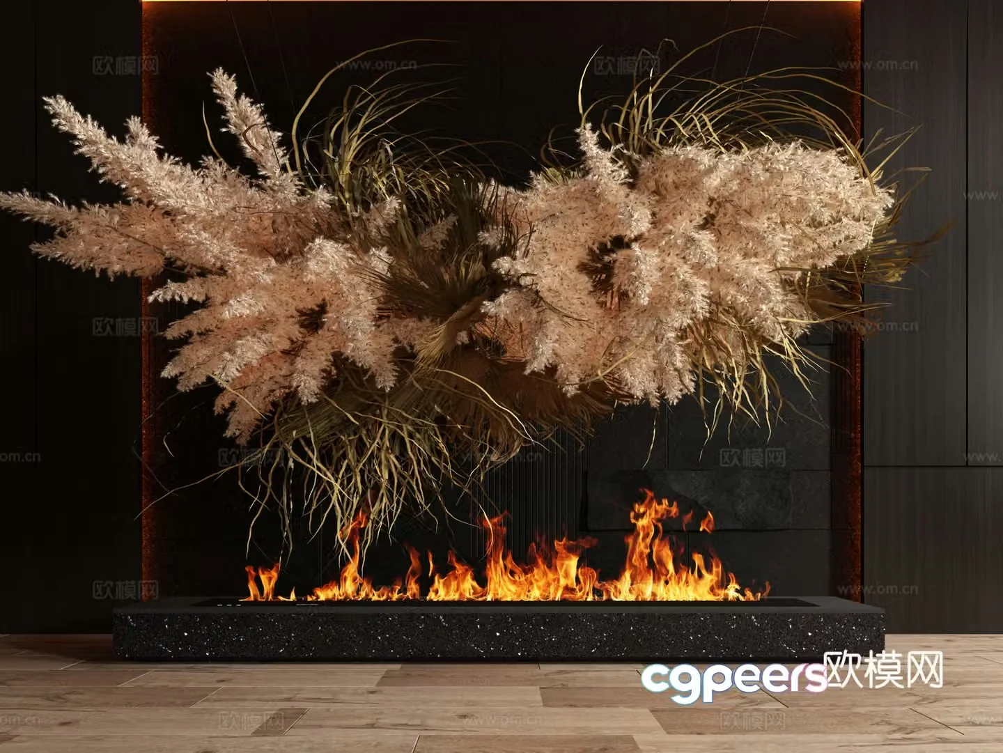 Modern indoor landscaping green plants dried flowers fireplace landscaping 3D model