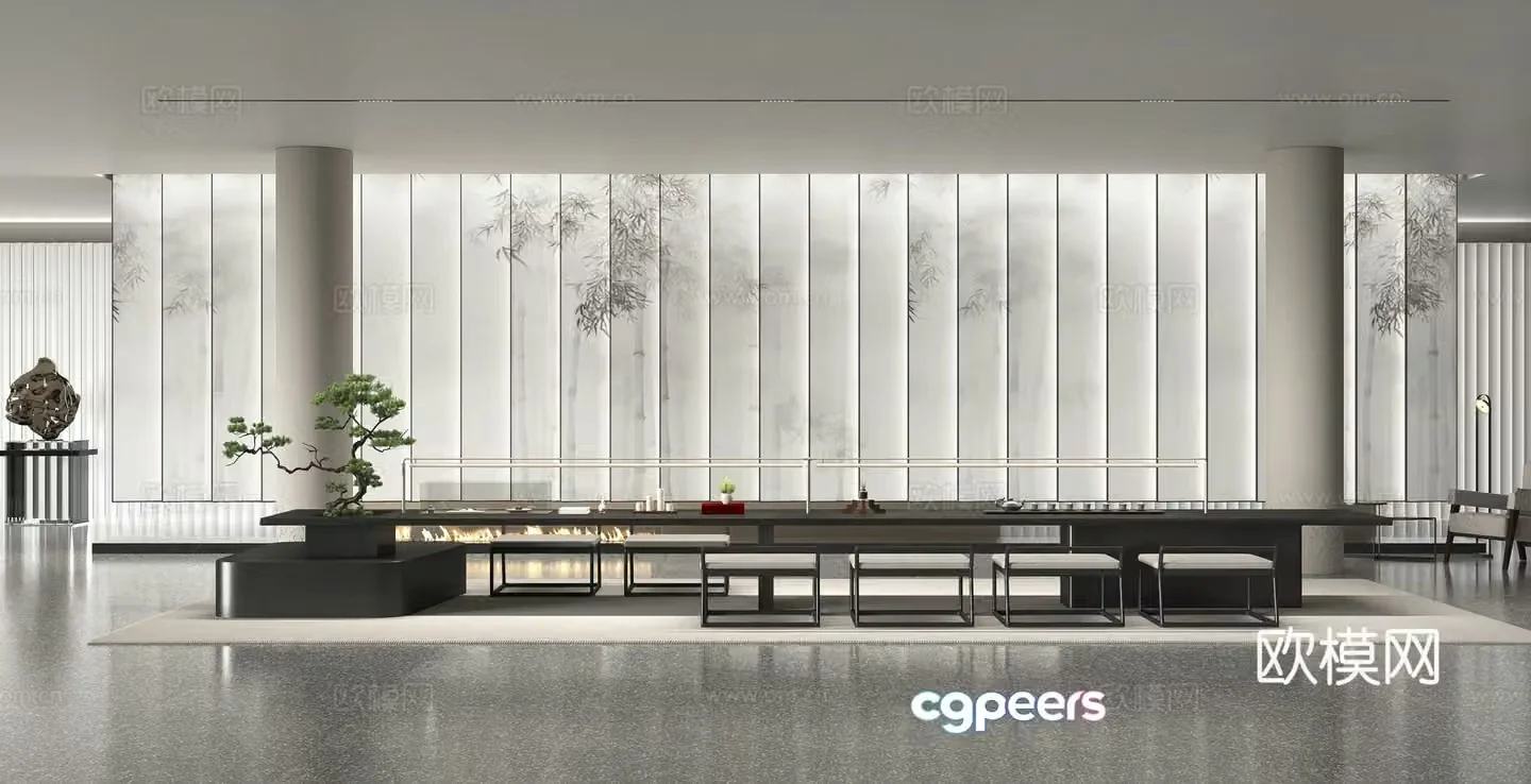 New Chinese style tea room tea room background wall tea table and chair combination 3D model