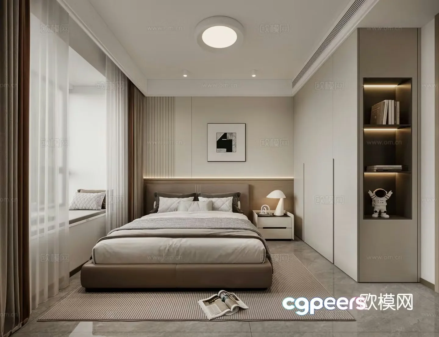 Modern bedroom Double bed Ceiling light Wardrobe Curtain Carpet Hanging painting Bedside table 3D model