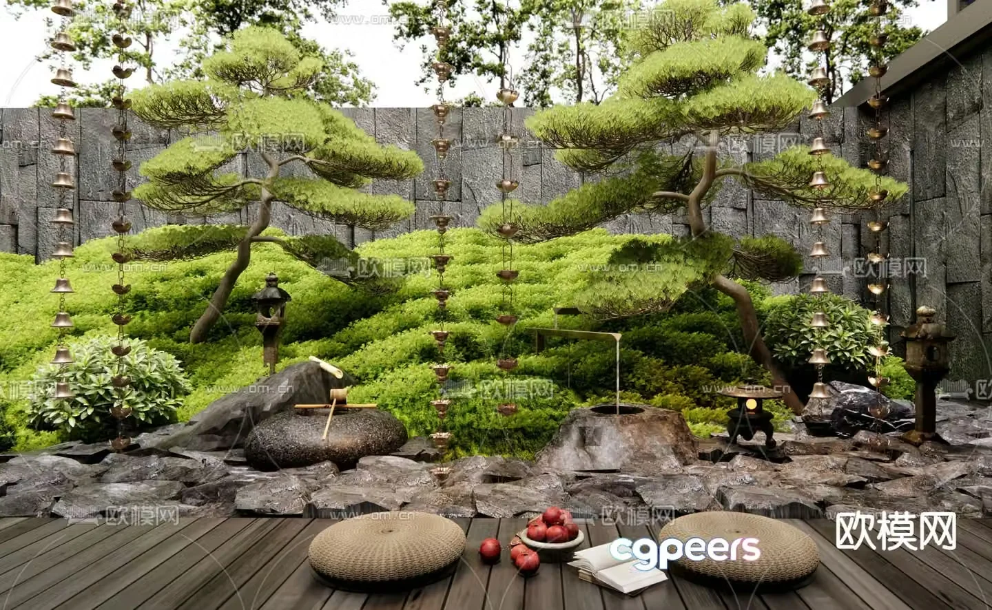 Courtyard landscape pine tree landscaping rain ripple 3d model