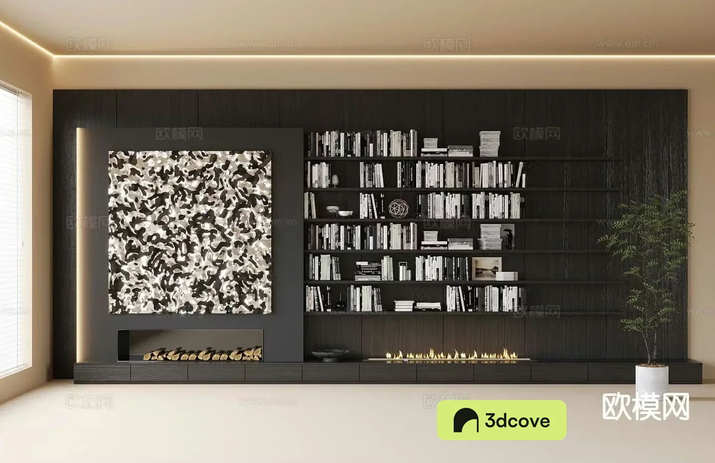 Medieval style wall-to-wall bookcases and fireplace