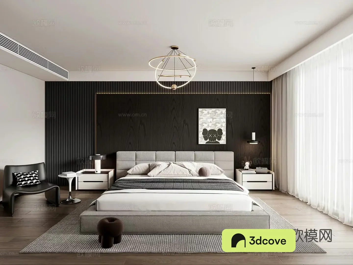 Modern home bedroom bedside background wall double bed leisure chair