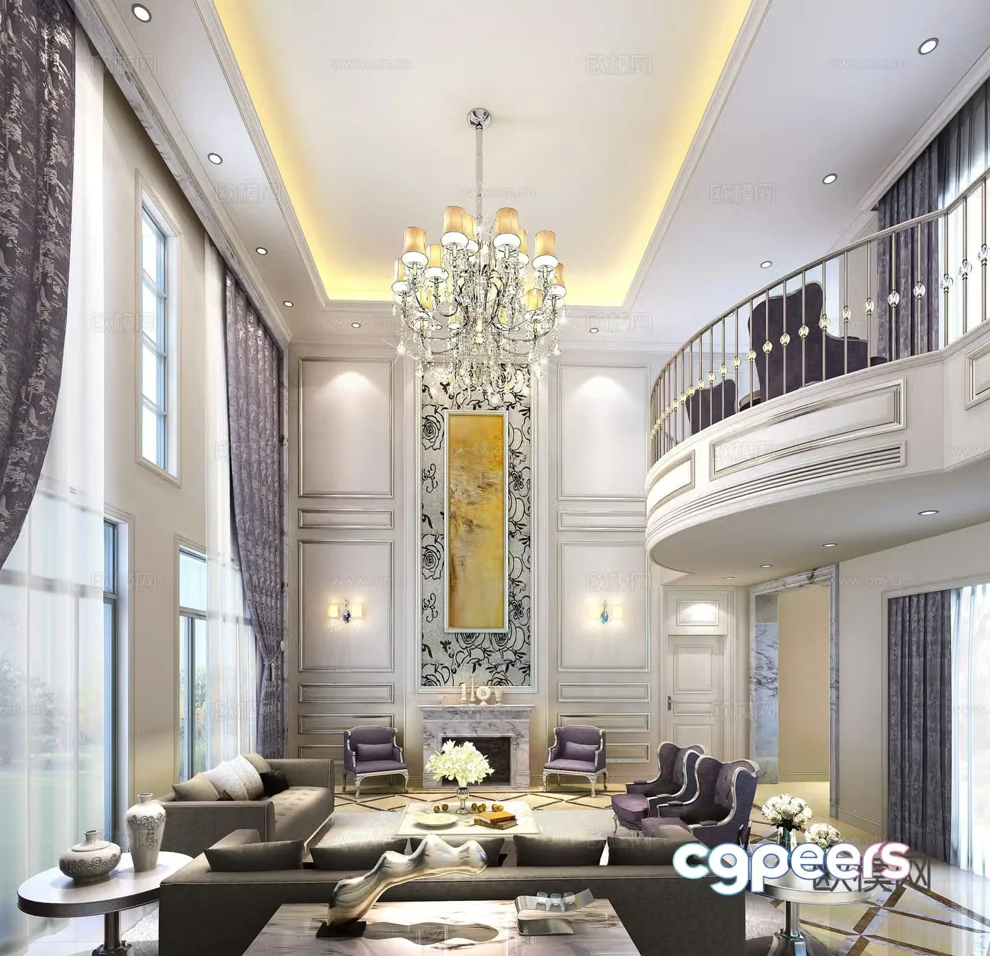 Simple European style villa living room chandelier sofa coffee table leisure chair 3d model