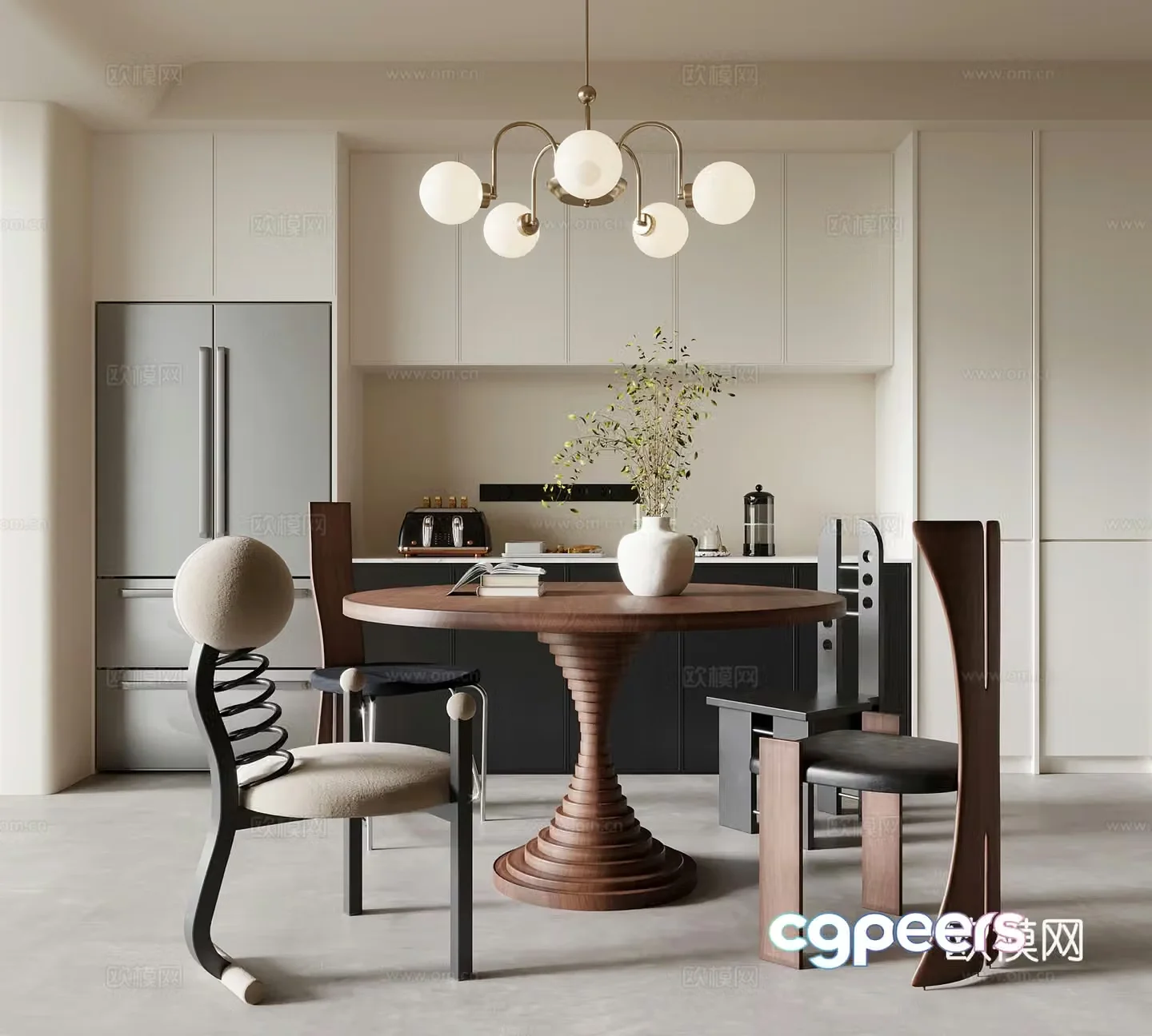Middle-aged restaurant dining table and chairs wine cabinet 3d model