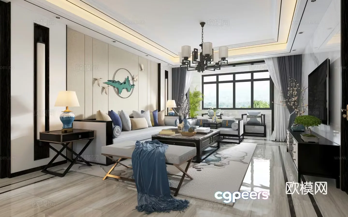 New Chinese style living and dining table and chairs chandeliers desktop ornaments 3D model of hanging paintings