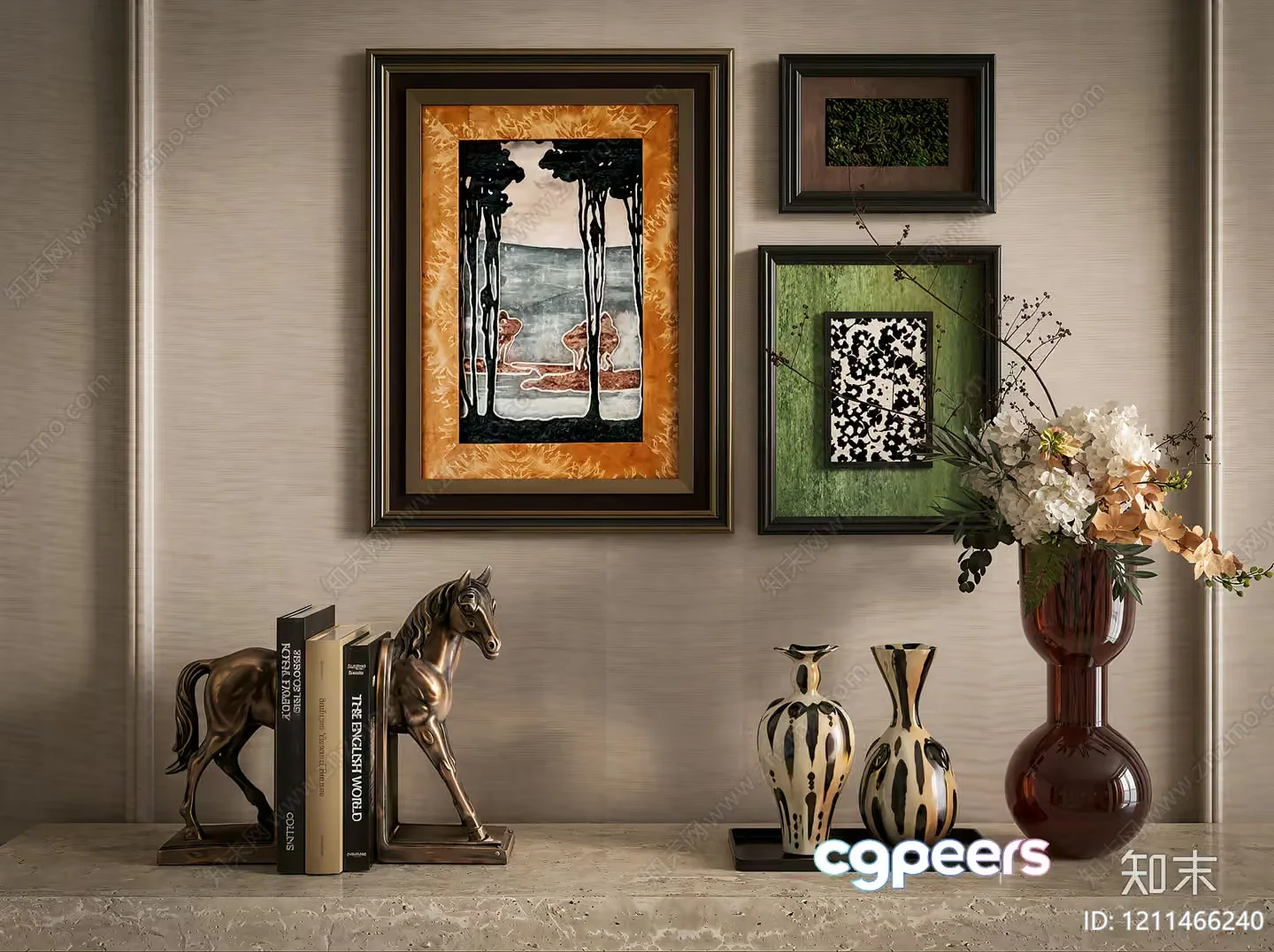 A Framed Art Piece With A Horse Statue And Vases 3D Model – 3896 – VRAY Render