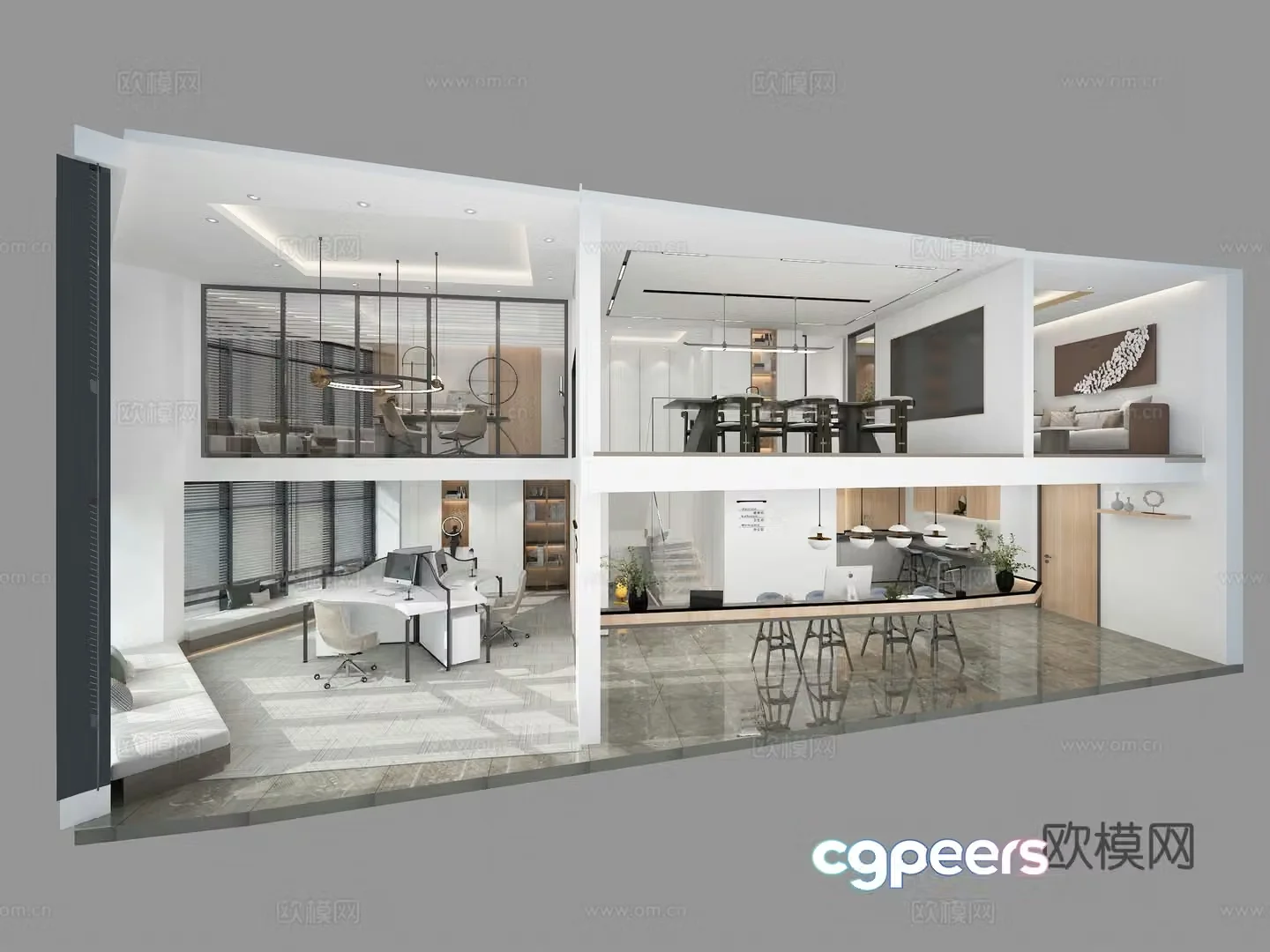 Modern office office area half aerial view 3d model