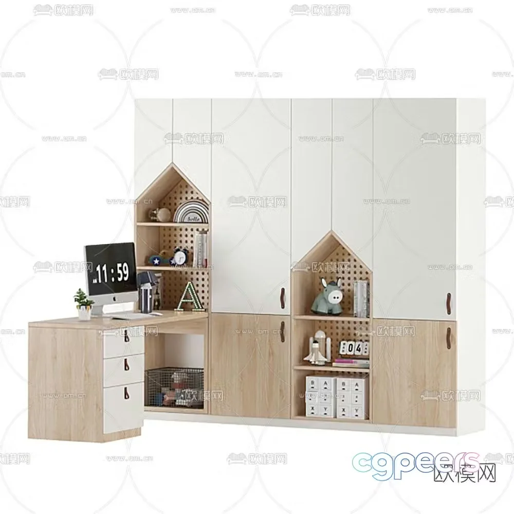 Modern children’s integrated decorative cabinet desk 3D model