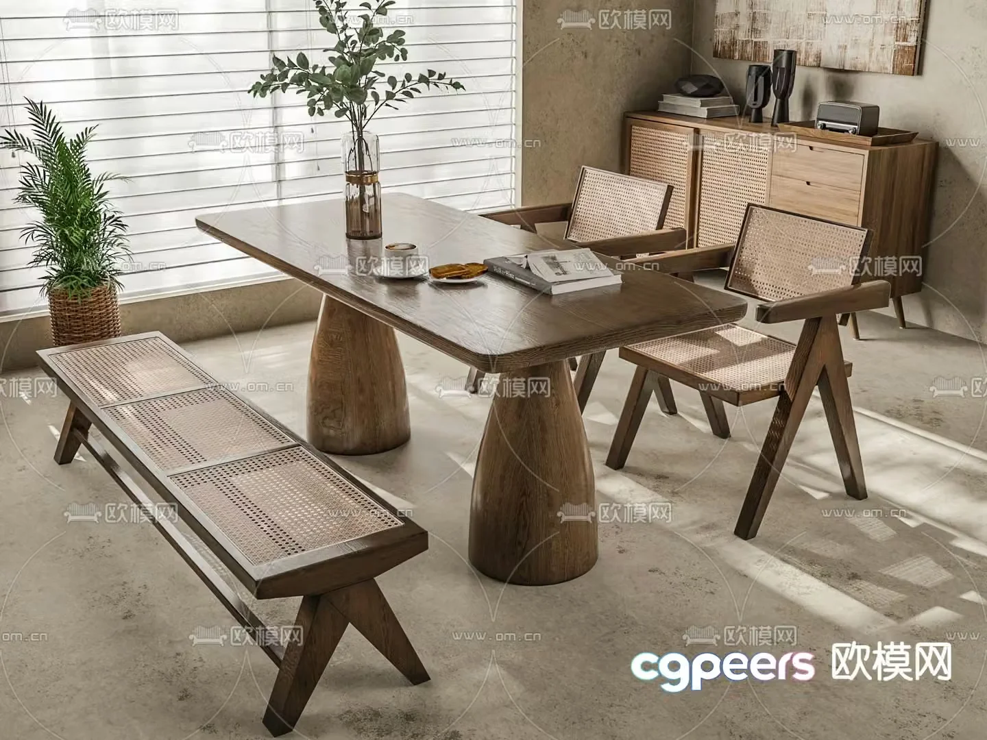 Wabi-sabi style dining table and chairs 3d model