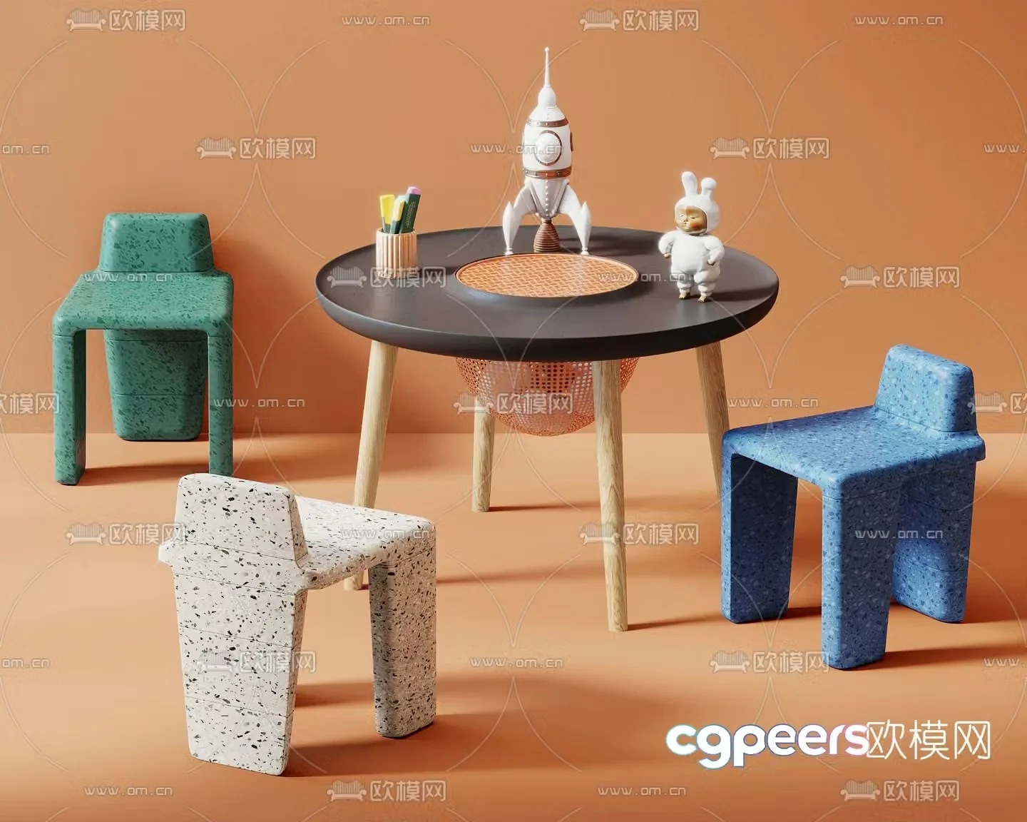 Memphis style round children’s table and chair 3d model