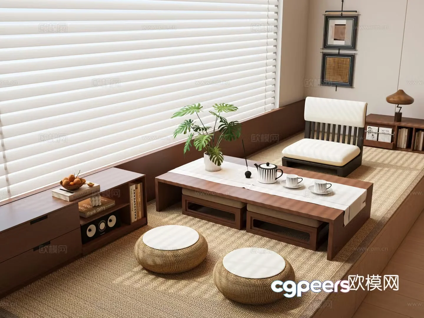 Middle-aged tatami tea room Japanese-style tea room bay window cabinet bay window cushion tea table chair 3d model