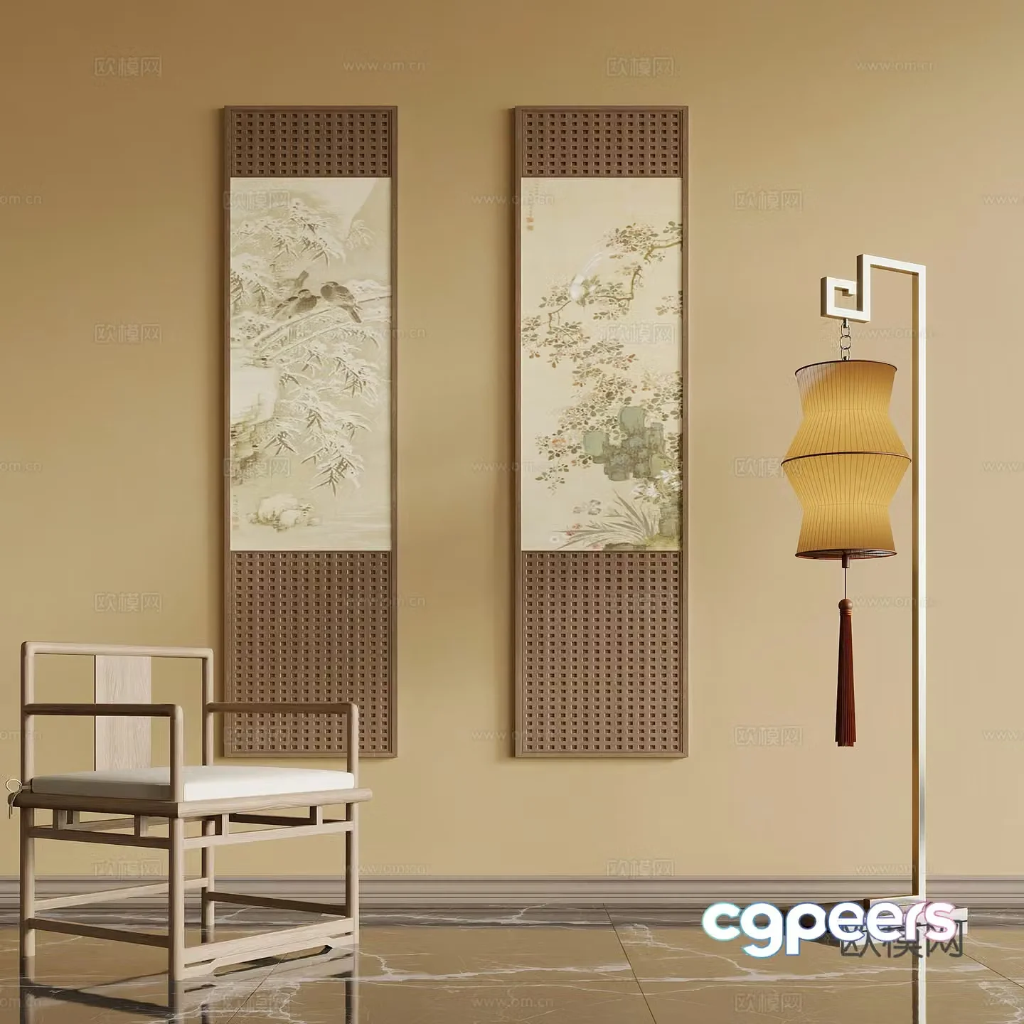 Leisure chair new Chinese style leisure chair decorative painting floor lamp 3d model
