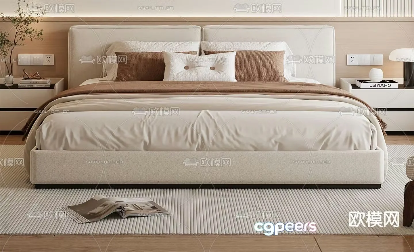 Cream style double bed 3d model