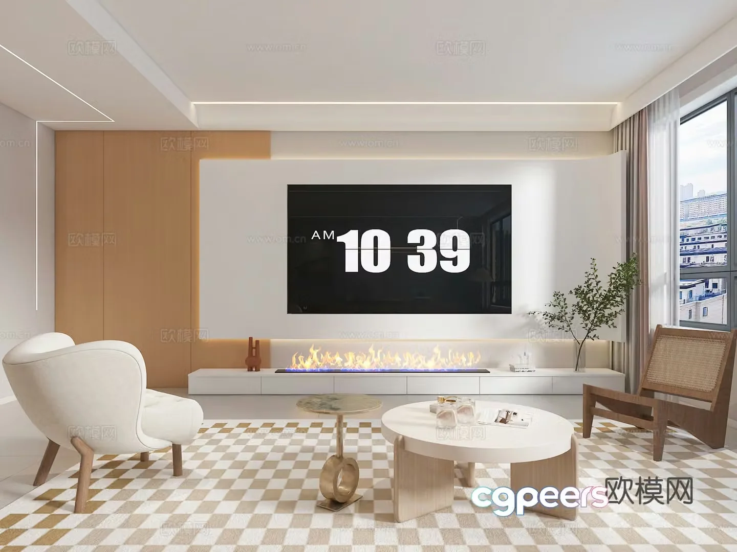 Modern log Nordic style living room study open kitchen 3d model