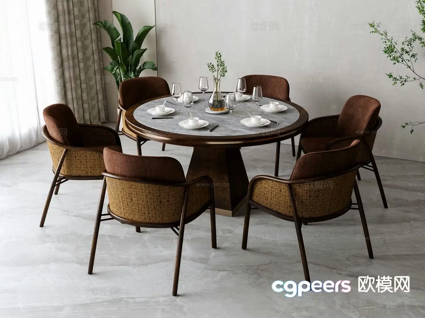 New Chinese style round dining table and chairs 3d model