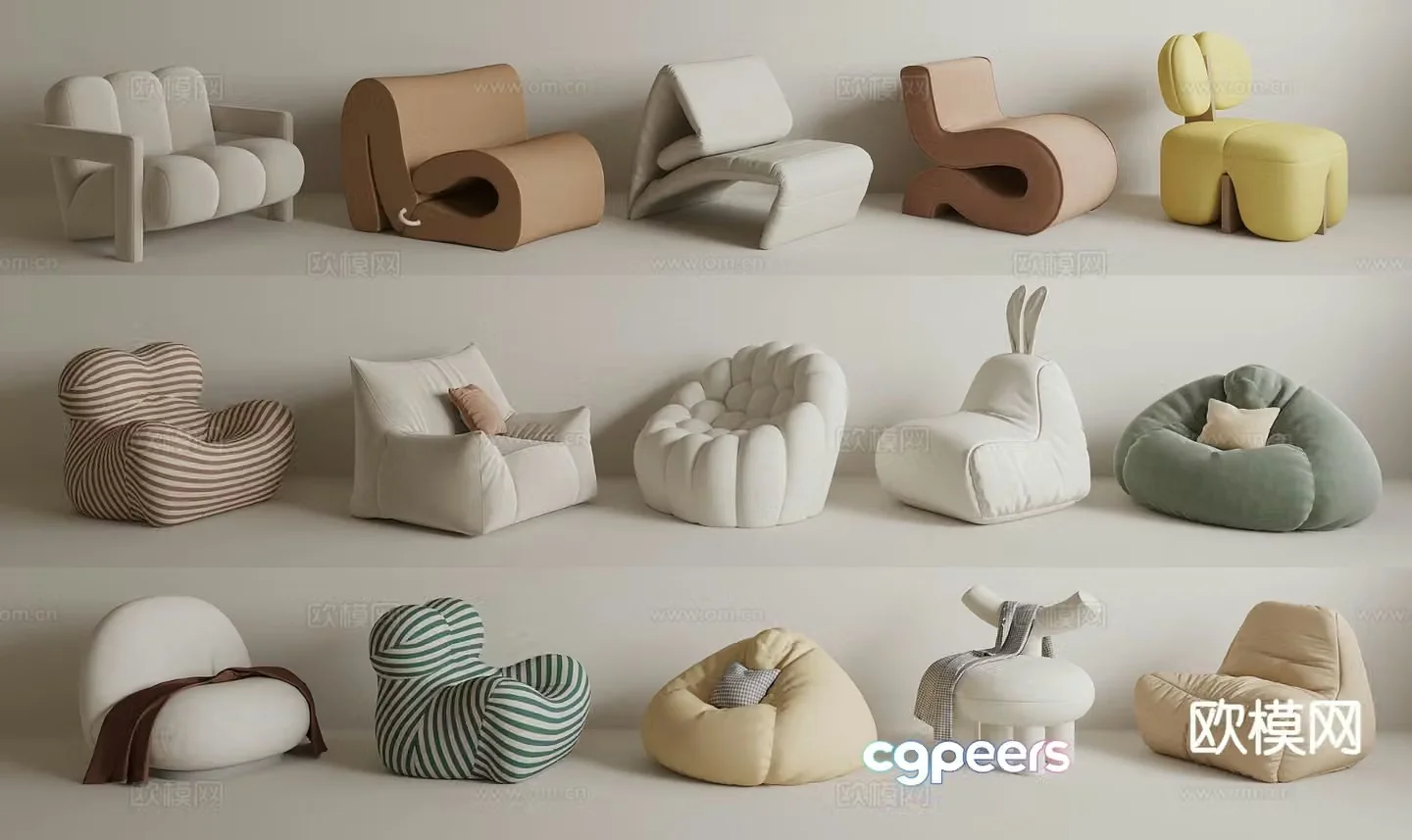 Cream style single sofa lazy sofa leisure sofa 3D model