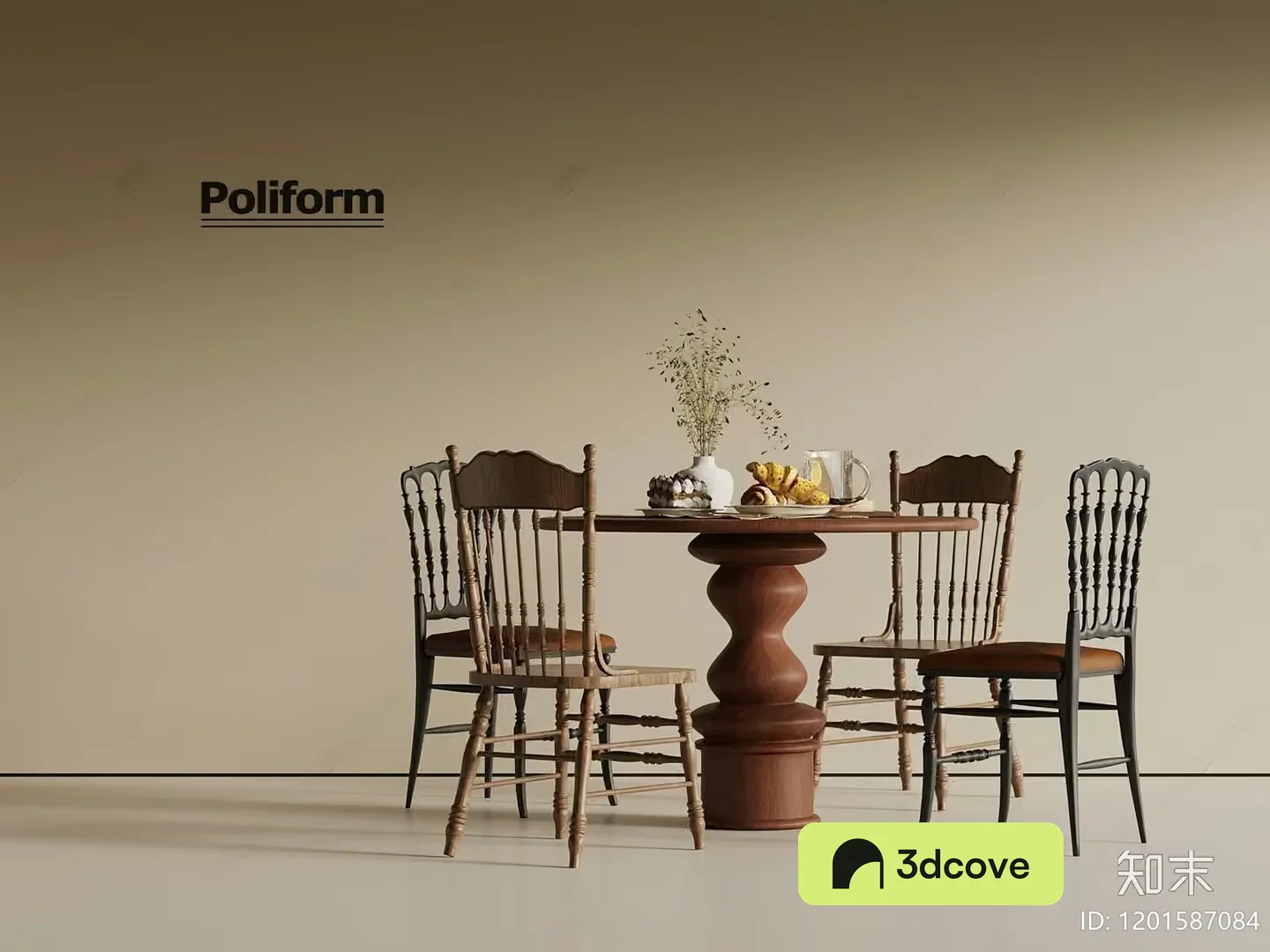 A Wooden Dining Table With Four Chairs
