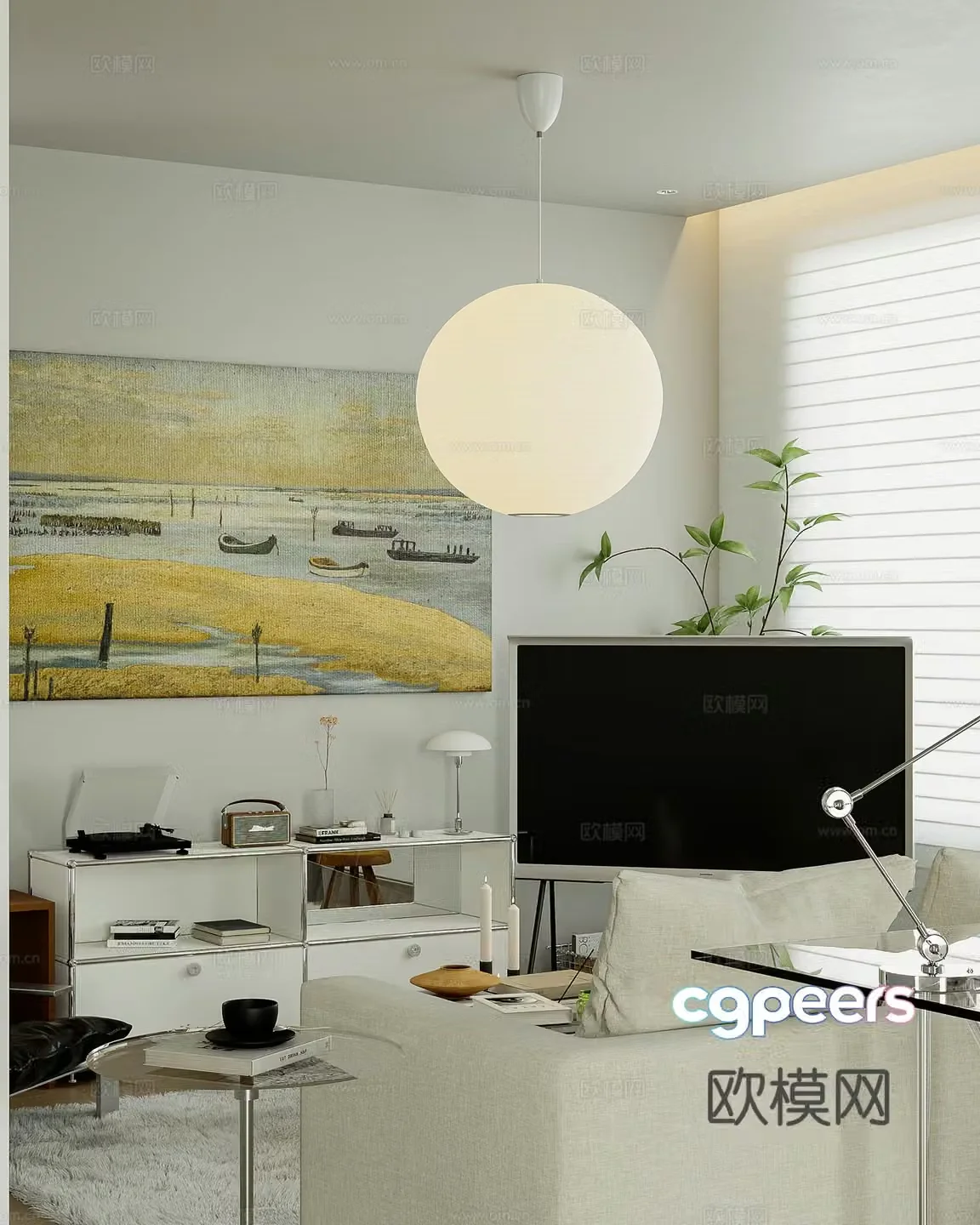 Modern minimalist living room mobile TV metal furniture Marshall speaker living room without lights 3D model