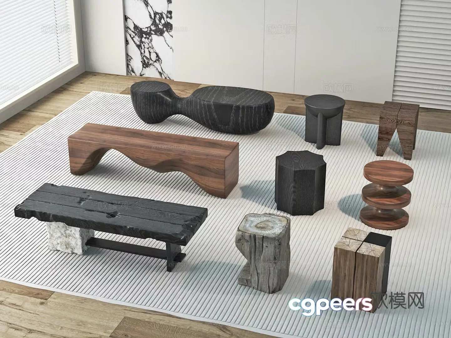 Middle-aged style Wasabi style Sofa stool Bench Wooden stool 3D model