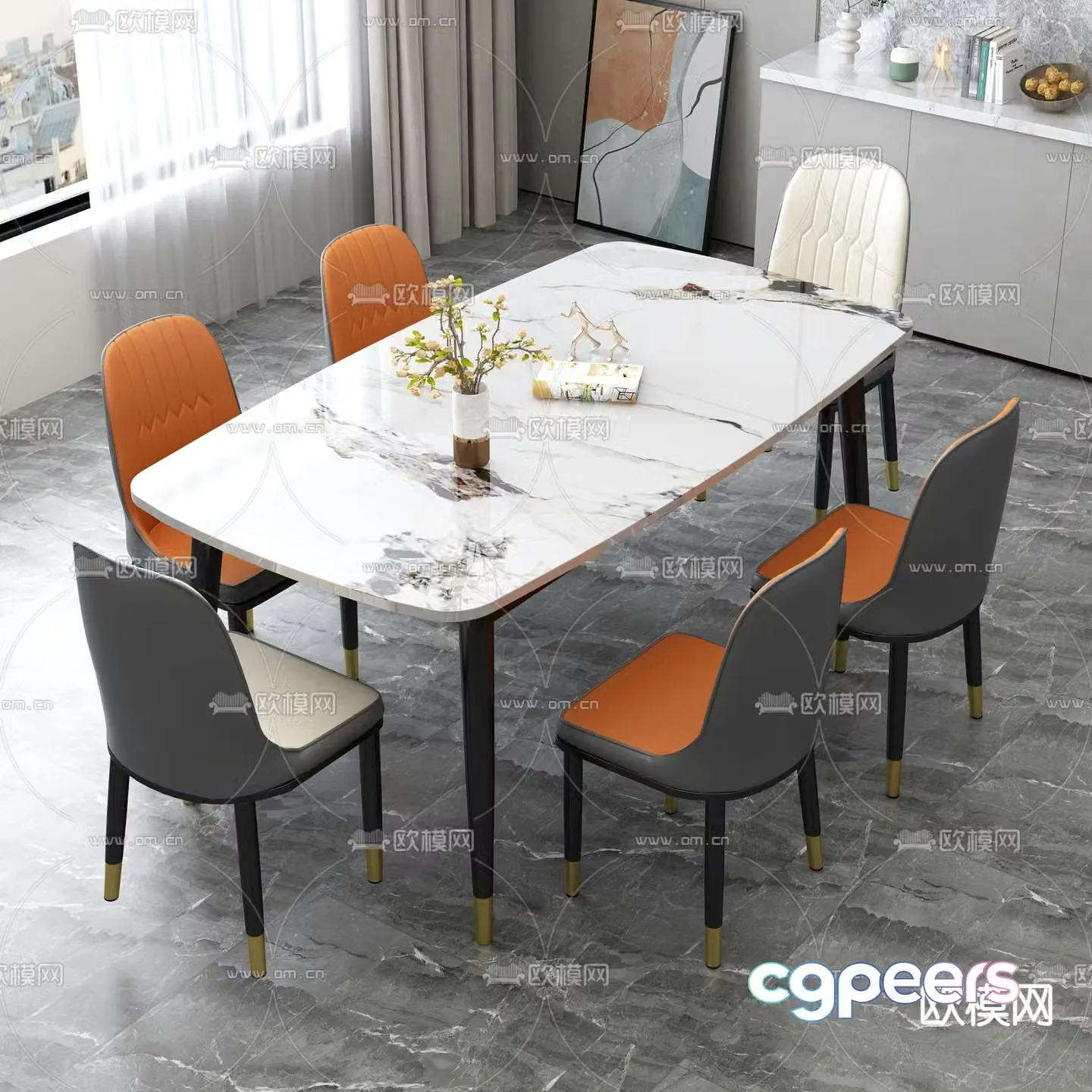 Light luxury dining table and chairs Slate dining table 3D model