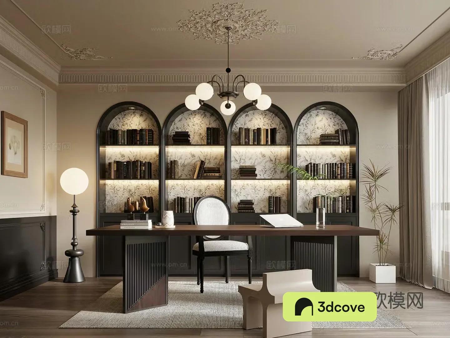 Study room French retro style study bookcase desk chair office desk