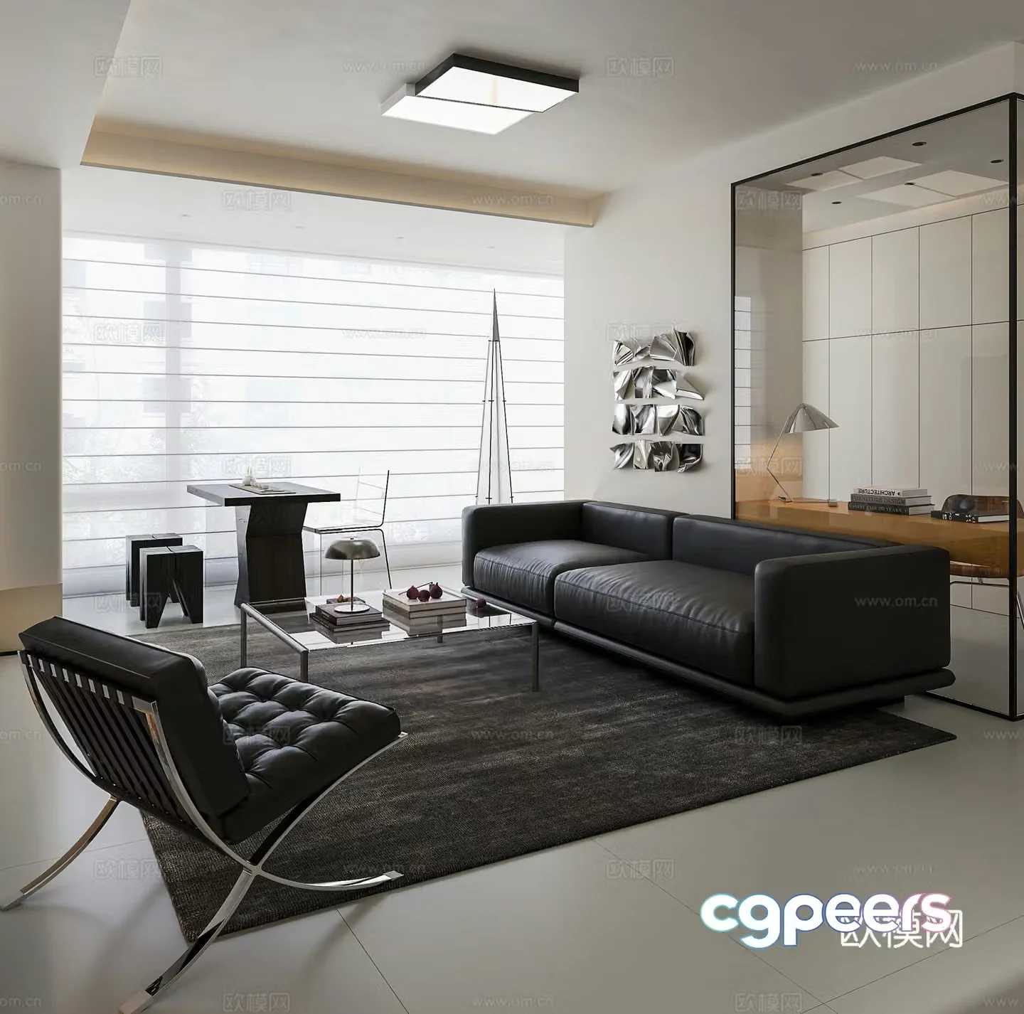 Modern black white and gray minimalist living and dining room 3D model