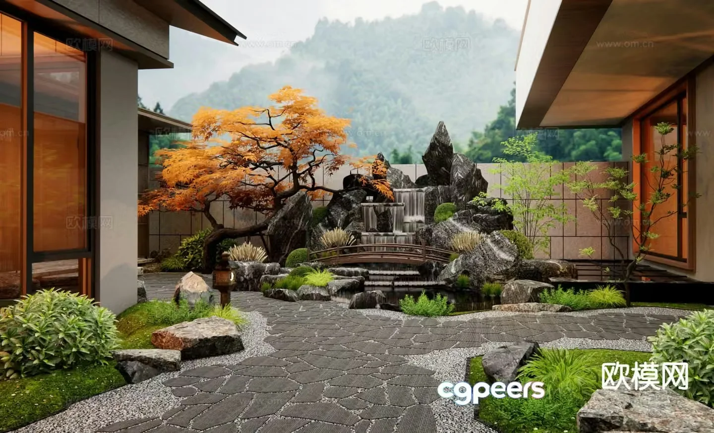 New Chinese style courtyard landscape rockery waterscape 3D model