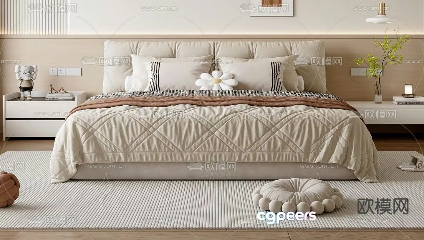 Cream style double bed 3d model