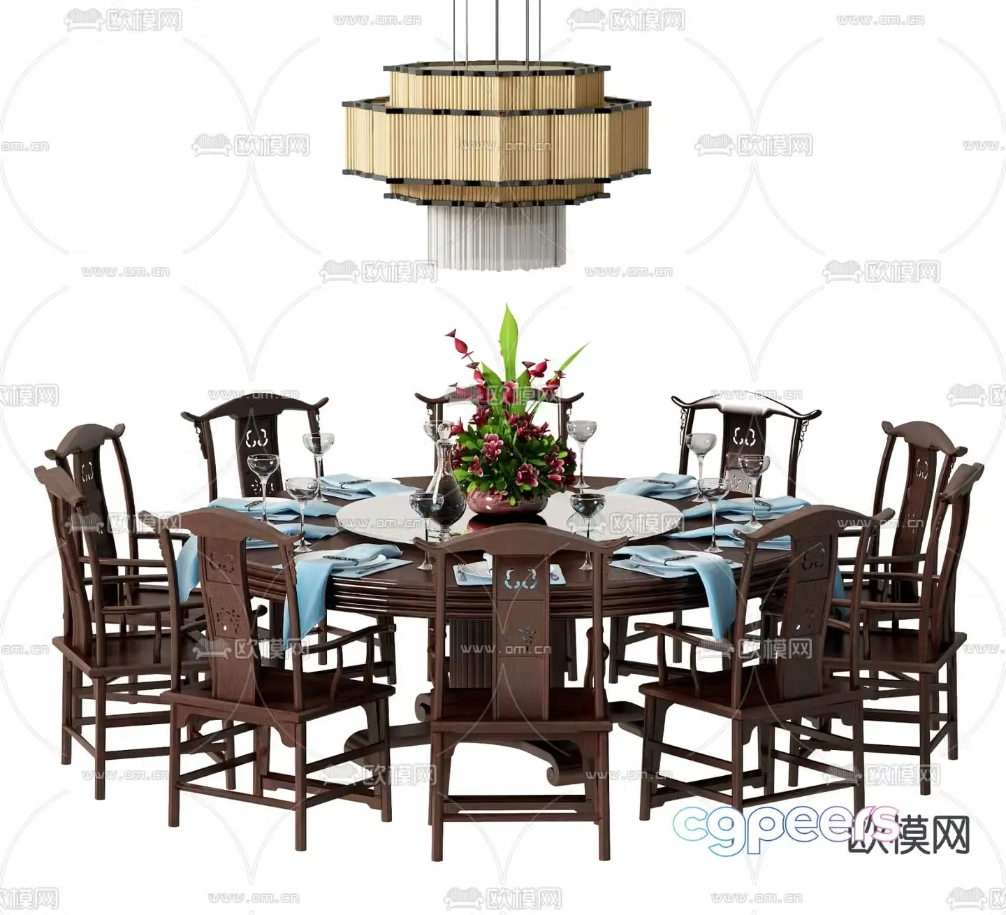 Chinese dining table and chairs 3d model