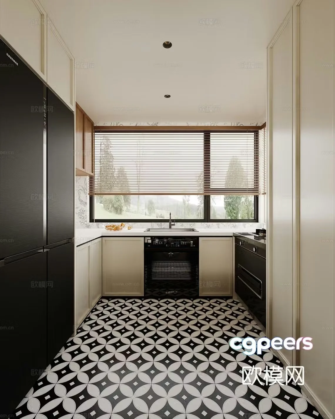 French retro U-shaped kitchen 3d model