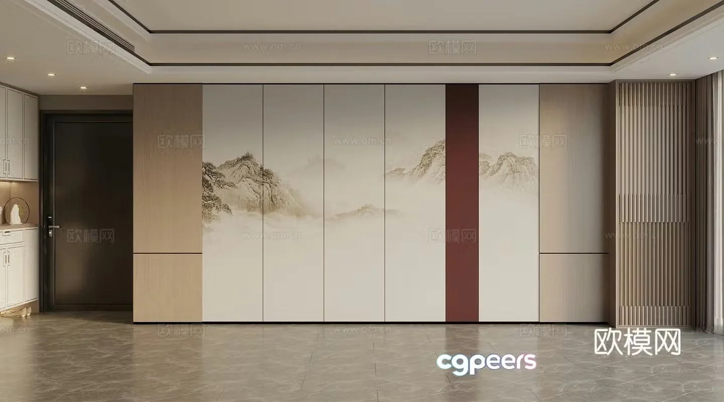 New Chinese style Living room background wall Sofa background wall Wooden veneer Hard package 3D model