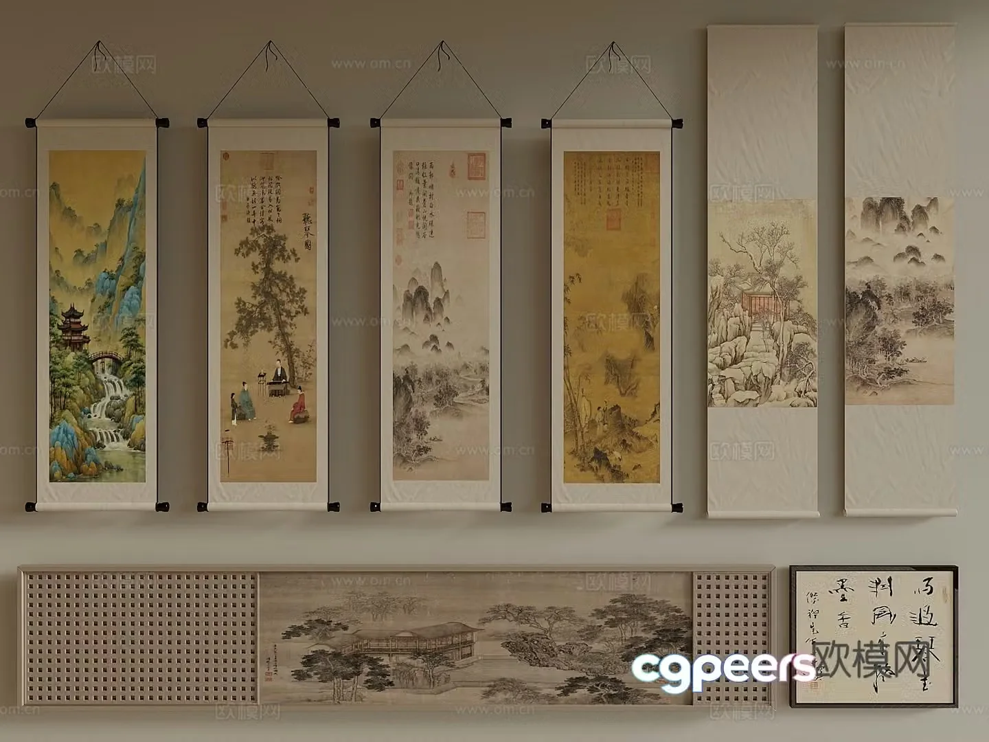Song style landscape painting New Chinese style hanging painting Landscape painting Calligraphy and painting Ink painting Decorative painting Hanging painting 3D model