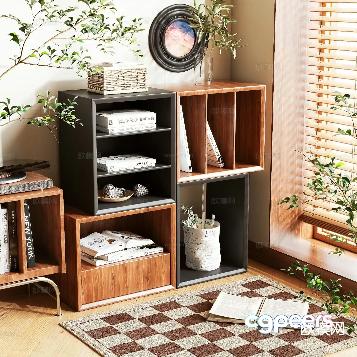 Medieval style bookcase side cabinet combination cabinet 3D model