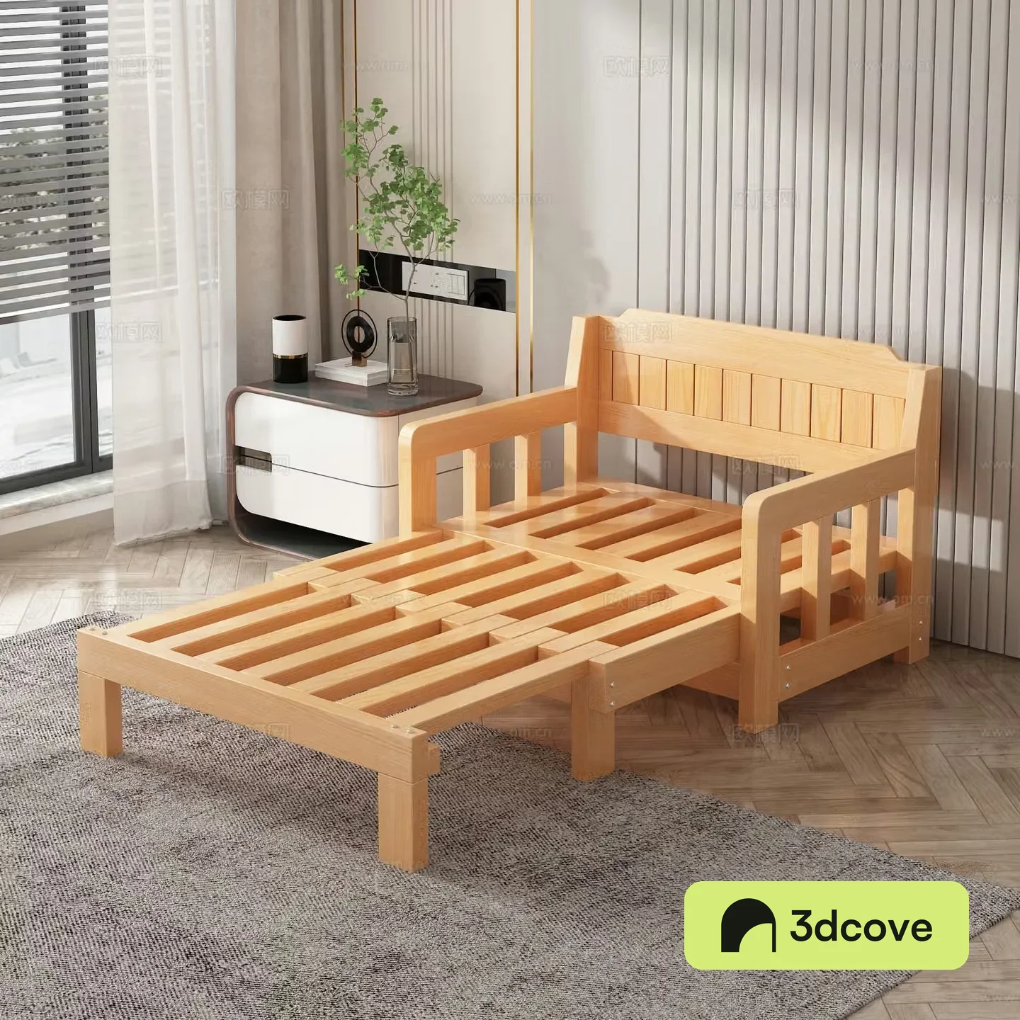 Solid wood sofa bed Folding bed Push and pull bed Multifunctional bed Fabric sofa bed Bedside table
