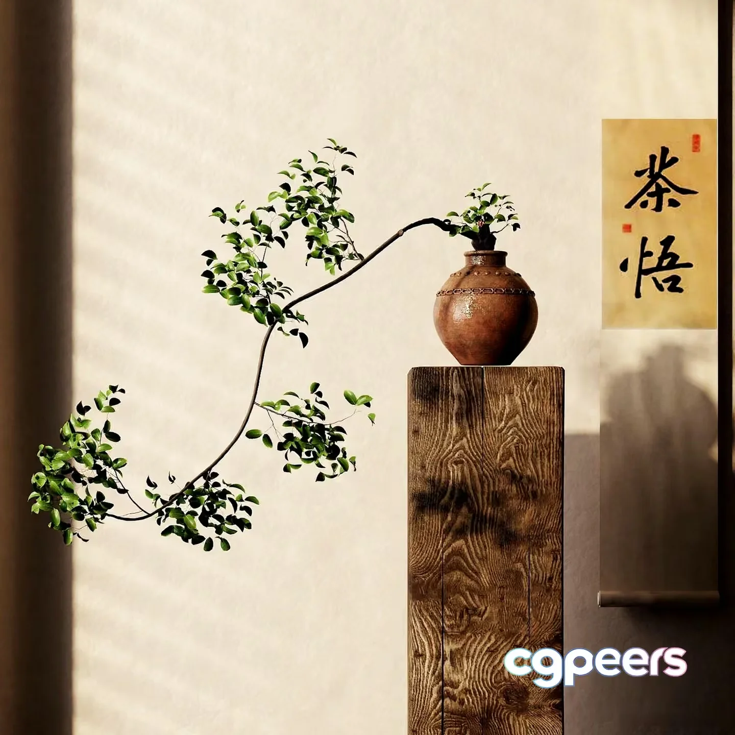 A Wooden Pedestal With A Plant 3D Model – 15294 – CORONA Render